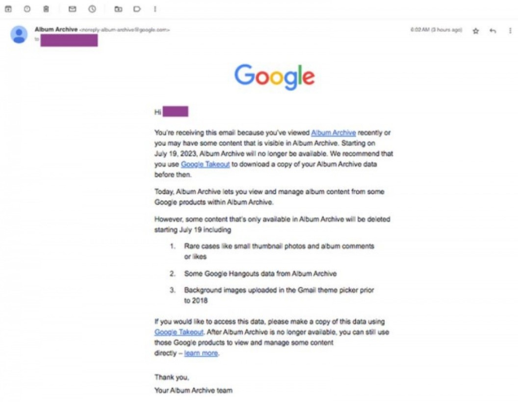 Email thông báo từ Google về việc sẽ xóa Album Archive vào ngày 19/7/2023.