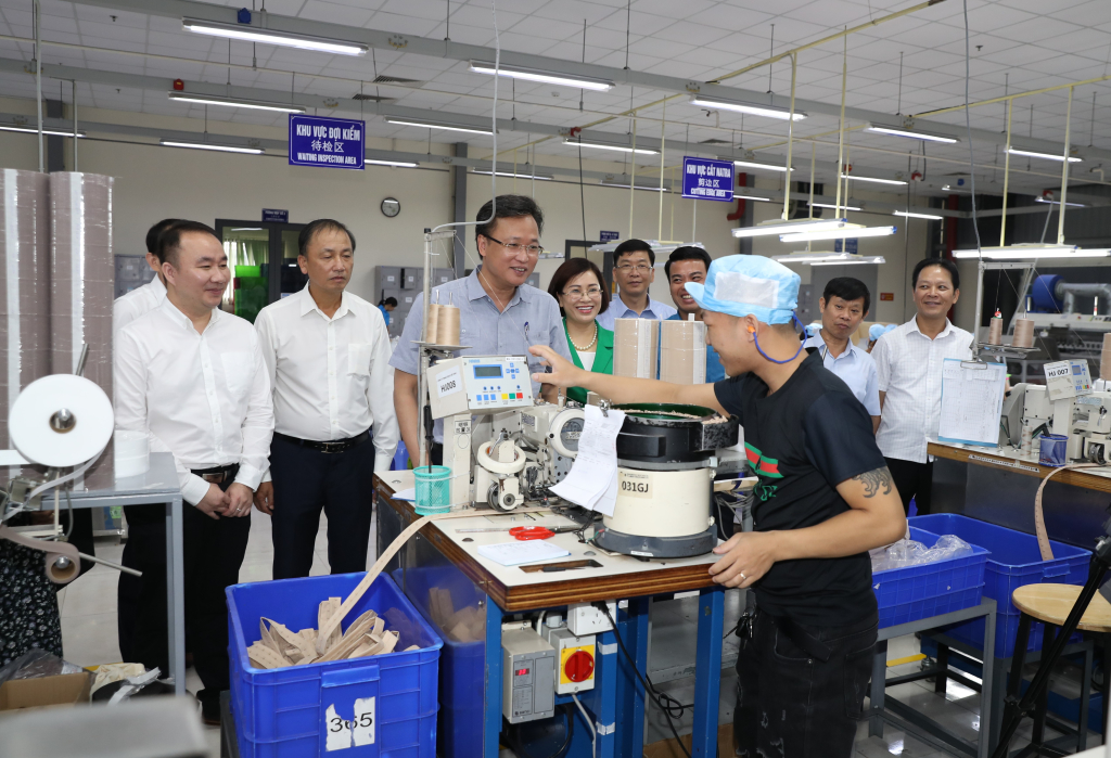 Đồng chí Bí thư Tỉnh ủy Nguyễn Hữu Nghĩa và các đại biểu thăm dây chuyền sản xuất tại Công ty TNHH Công nghiệp Texco (Việt Nam)