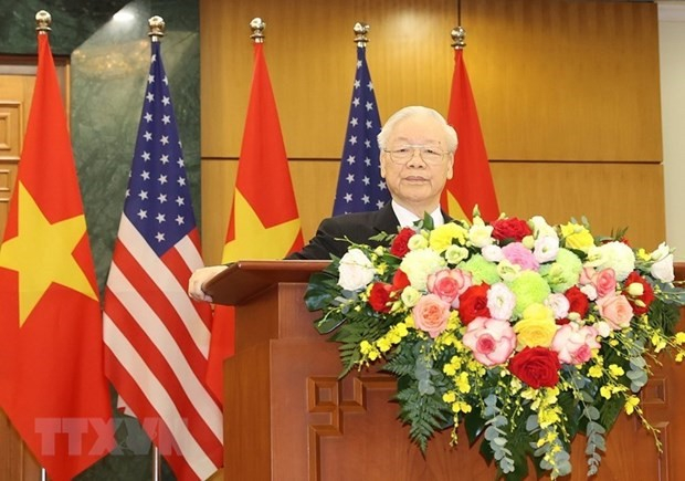 Tổng Bí thư Nguyễn Phú Trọng phát biểu tại cuộc Họp báo Chung. (Ảnh: Trí Dũng/TTXVN)