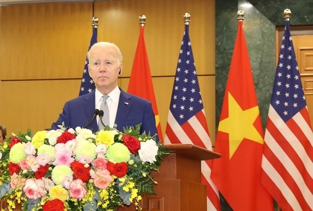 Tổng thống Hoa Kỳ Joe Biden phát biểu tại cuộc Họp Báo Chung. (Ảnh: Trí Dũng/TTXVN)