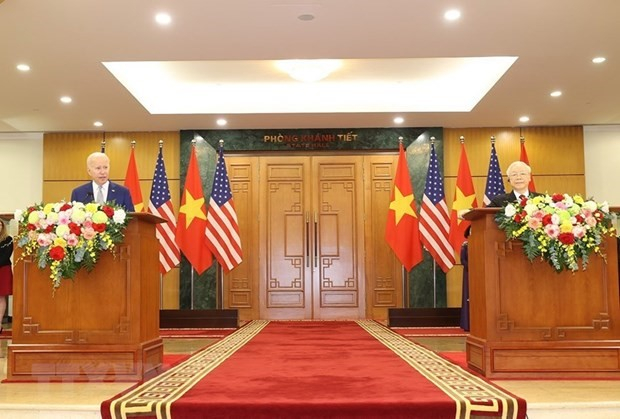 Tổng Bí thư Nguyễn Phú Trọng và Tổng thống Hoa Kỳ Joe Biden tại cuộc Họp Báo Chung. (Ảnh: Trí Dũng/TTXVN)