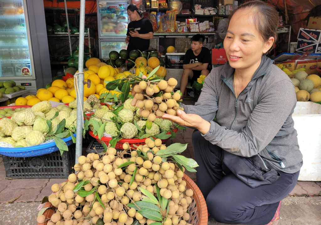 Những chùm nhãn chín đầu mùa được bày bán tại một quầy hàng hoa quả tươi tại thị trấn Trần Cao (Phù Cừ) với giá 50 nghìn đồng/kg