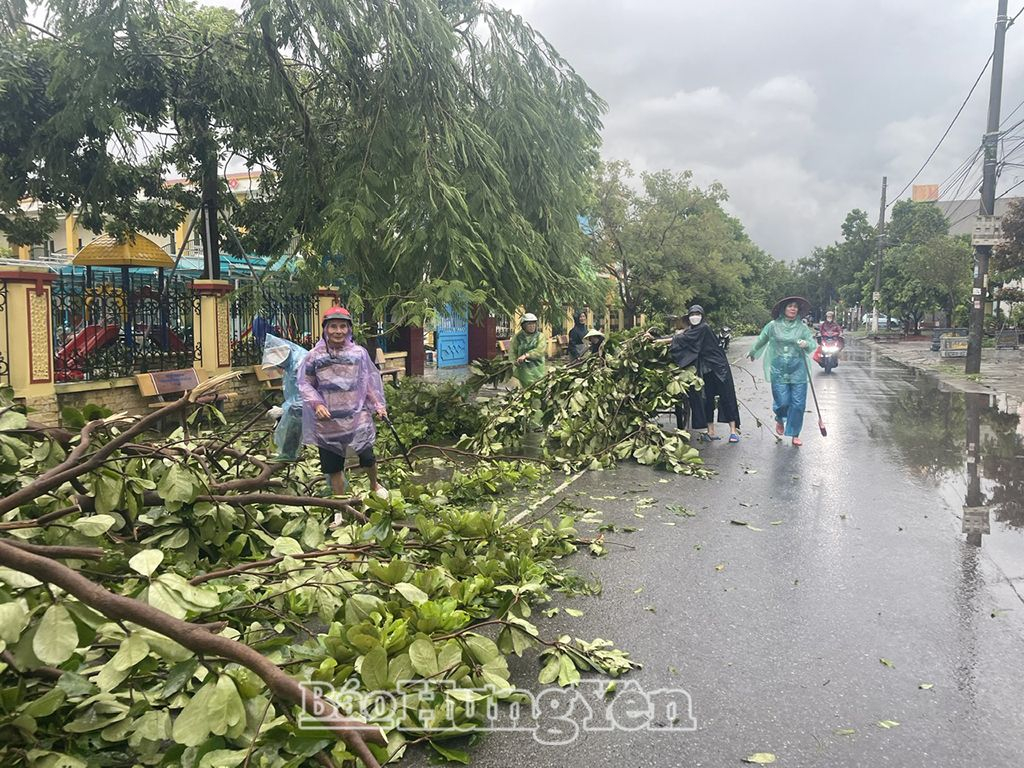 Người dân xã Nhật Tân (Tiên Lữ) dọn cây gãy, đổ