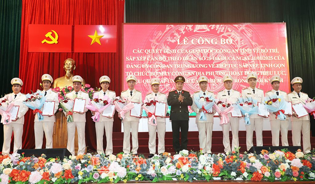 Đại tá Nguyễn Thanh Trường, Ủy viên Ban Thường vụ Tỉnh ủy, Giám đốc Công an tỉnh trao quyết định điều động, bổ nhiệm các trưởng phòng