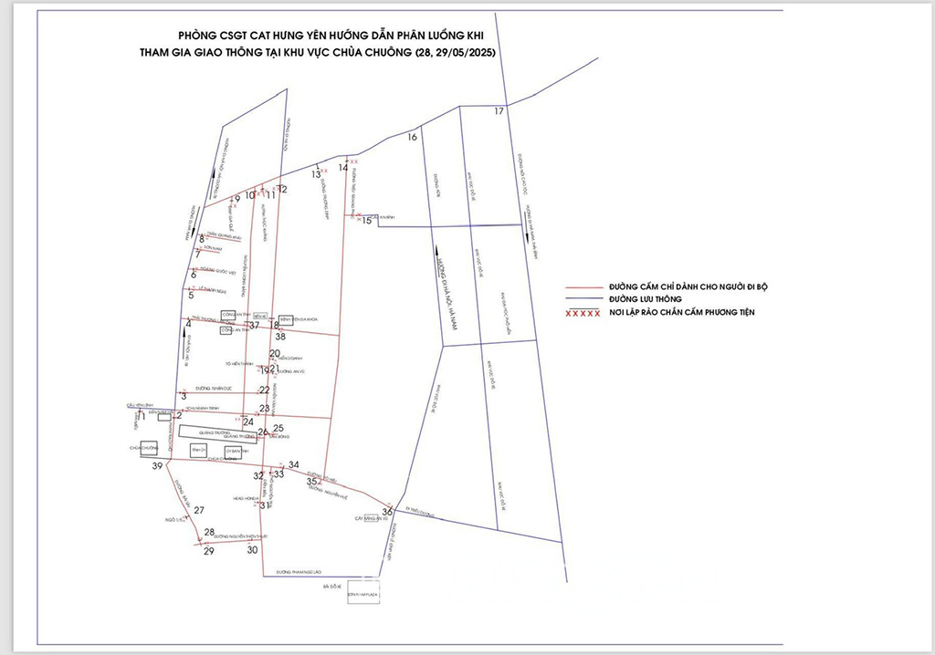 Sơ đồ phân luồng khi tham gia giao thông tại khu vực chùa Chuông (thành phố Hưng Yên) ngày 28 - 29/5