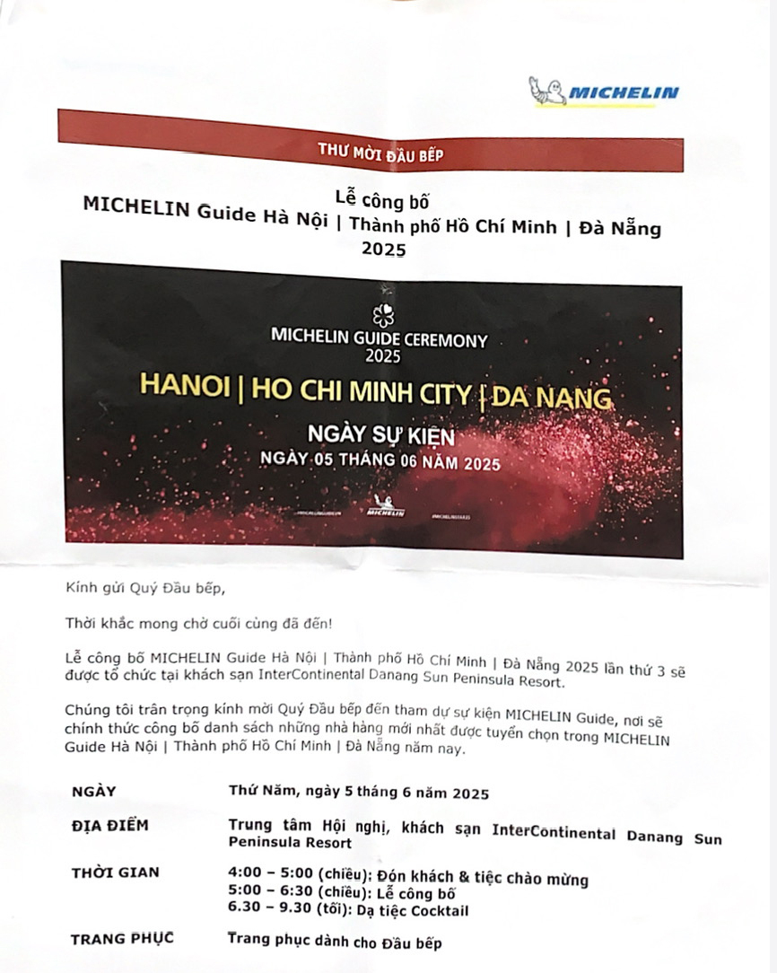 Thư mời đầu bếp quán “Hiệu Lực – Canh cá rô Hưng Yên” tham dự sự kiện công bố danh sách những nhà hàng được tuyển chọn trong Michelin Guide năm 2025