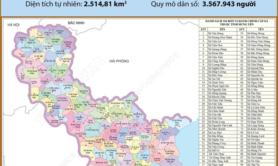 104 đơn vị hành chính cấp xã của tỉnh Hưng Yên năm 2025