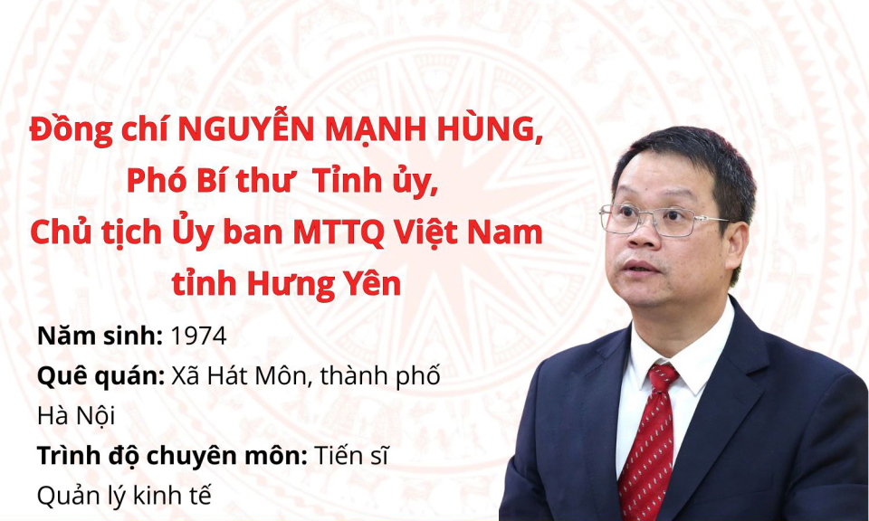 Tiểu sử đồng chí Nguyễn Mạnh Hùng, Phó Bí thư Tỉnh ủy, Chủ tịch Ủy ban MTTQ Việt Nam tỉnh Hưng Yên