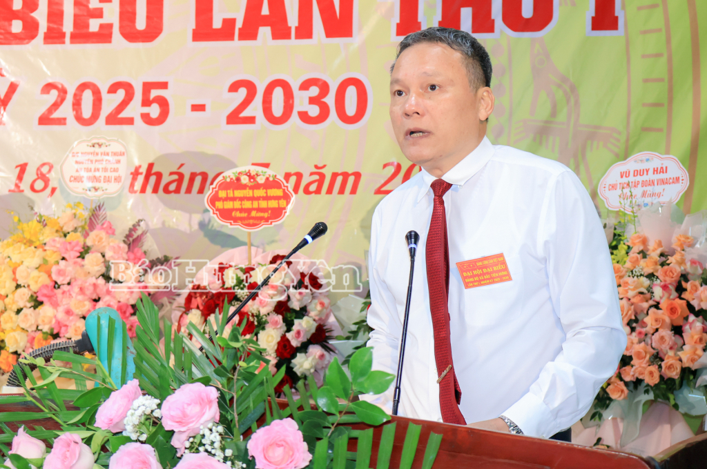 Đồng chí Hoàng Minh Sơn, Tổng biên tập Báo và Phát thanh, Truyền hình Hưng Yên phát biểu tại Đại hội.
