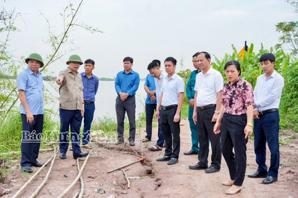 Các đồng chí lãnh đạo tỉnh kiểm tra vị trí đê, kè xung yếu tại xã Thư Vũ.