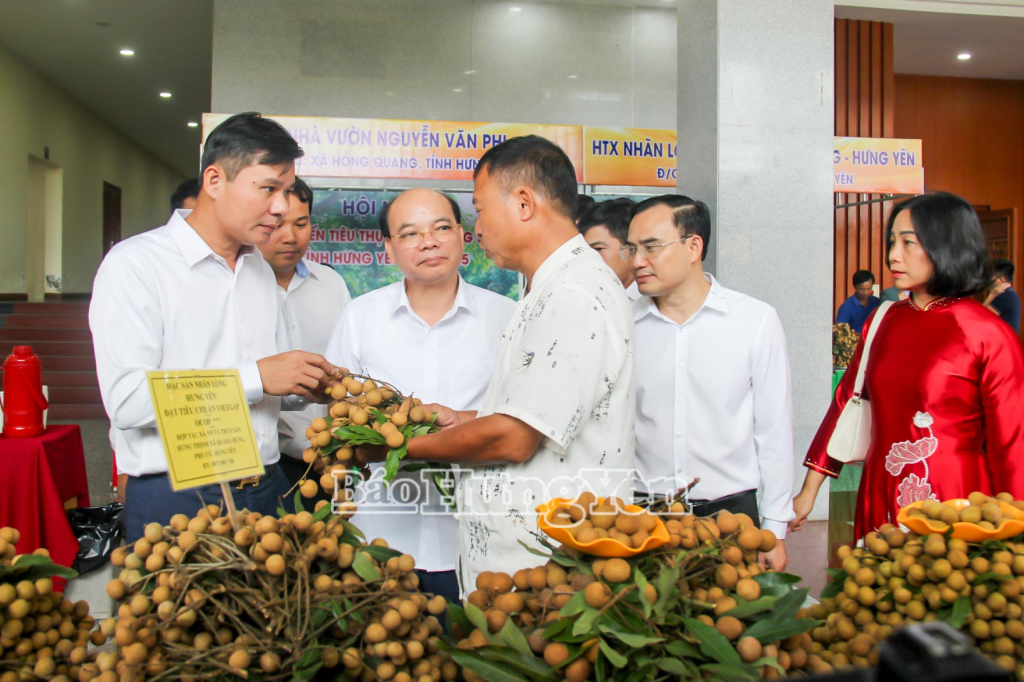Các đồng chí lãnh đạo tỉnh cùng các đại biểu tham quan gian trưng bày sản phẩm nhãn lồng tại hội nghị.