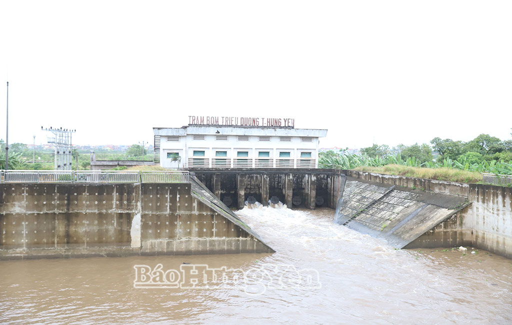 Trạm bơm Triều Dương tiến hành bơm gạn tháo nước để sẵn sàng ứng phó với mưa, bão.