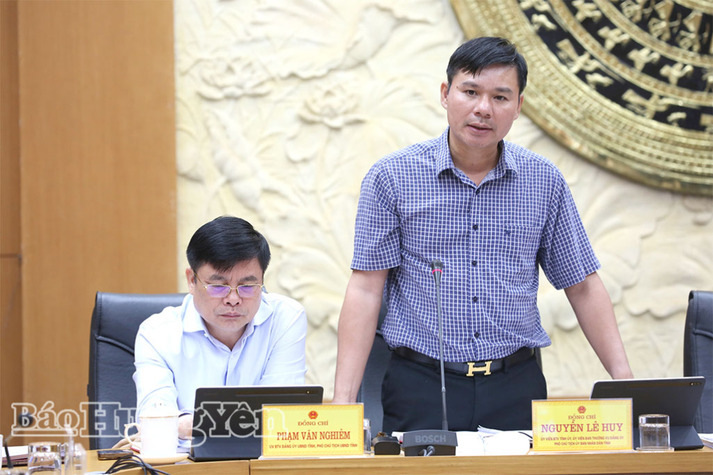 Đồng chí Nguyễn Lê Huy, Ủy viên Ban Thường vụ Tỉnh ủy, Phó Chủ tịch UBND tỉnh phát biểu tại phiên họp.