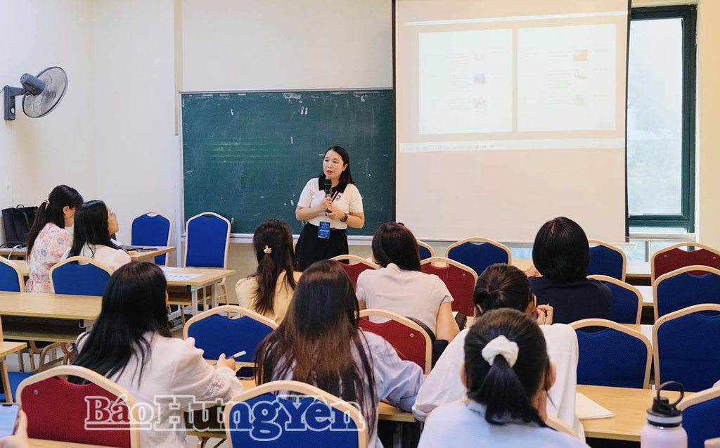 Cô giáo Trần Thị Thúy, Trường THPT Đức Hợp chia sẻ tại hội thảo Đổi mới và sáng tạo trong giảng dạy tiếng Anh.