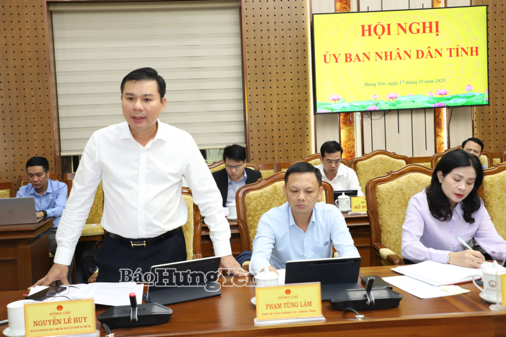 Đồng chí Phó Chủ tịch Thường trực UBND tỉnh Nguyễn Lê Huy phát biểu tại cuộc họp.