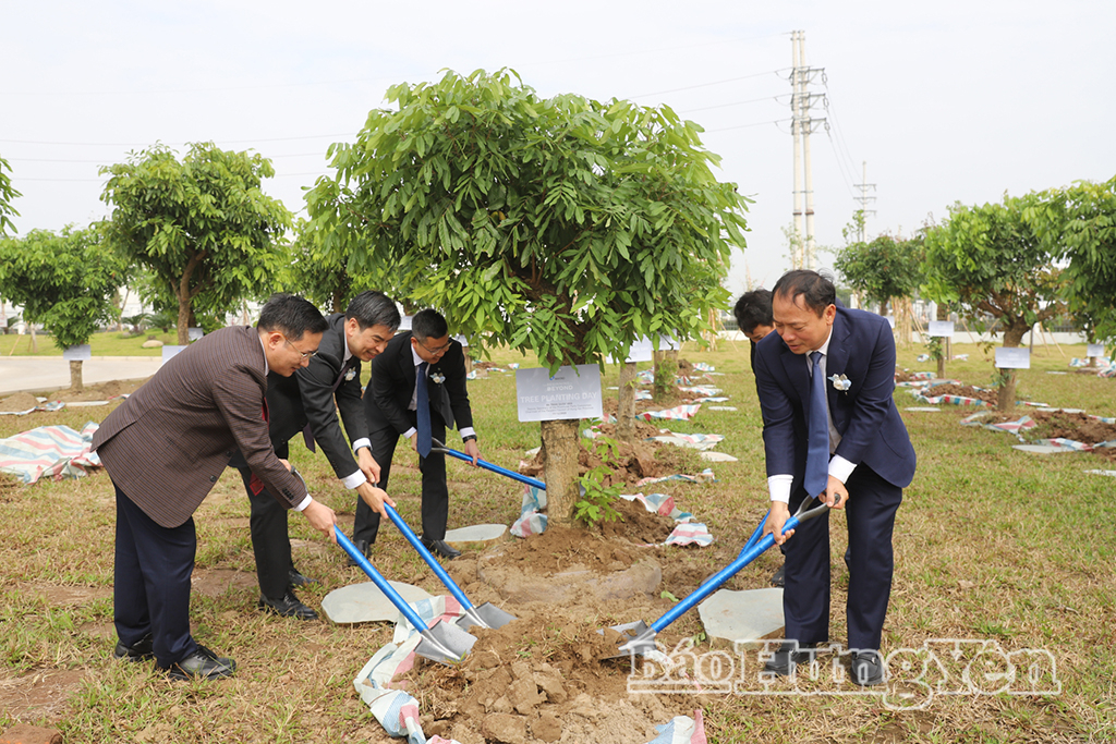 Đồng chí Trần Quốc Văn, Phó Bí thư Tỉnh ủy, Chủ tịch HĐND tỉnh và các đại biểu tham gia trồng cây xanh tại khuôn viên nhà máy.