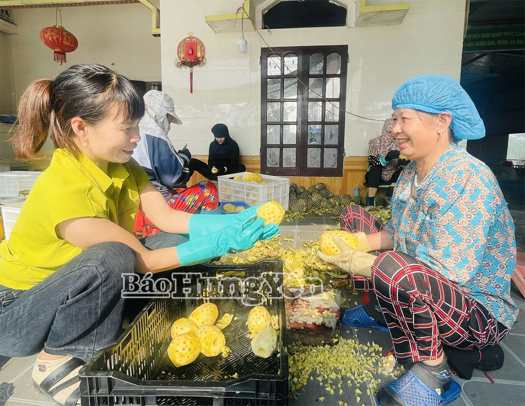 Chị Đồng Thị Thu Hương, Giám đốc HTX Nông nghiệp Minh Tiến, xã Tiên Tiến (bên trái) hướng dẫn chị em chế biến các nông sản .