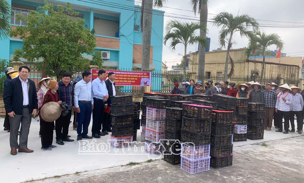 Lãnh đạo xã Bình Định dự buổi bàn giao con giống vật nuôi, thức ăn chăn nuôi cho hộ nghèo, cận nghèo.